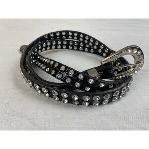 Womens Leather Lined Belt Western Studded Embossed Rhinestone Bling Black XL